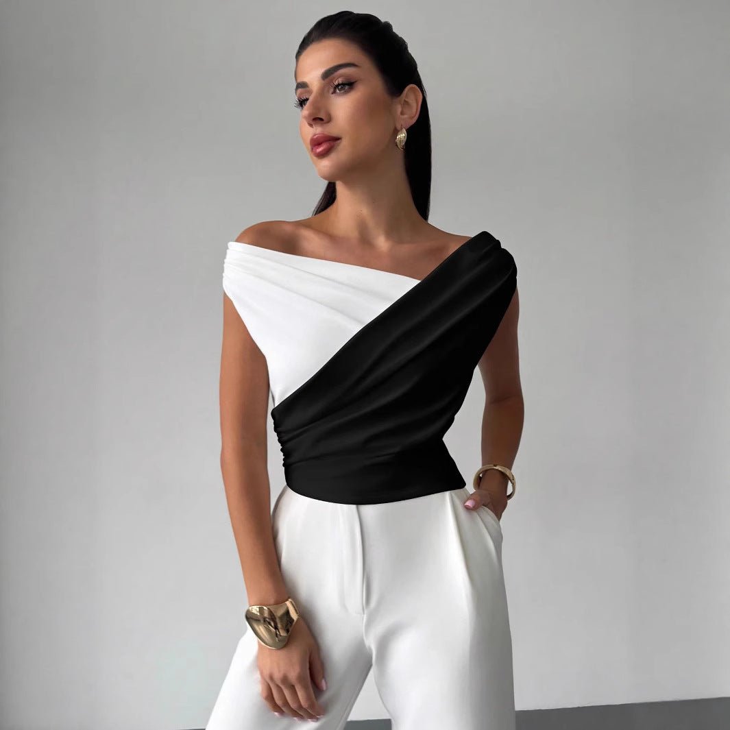 2025 summer new color matching slash shoulder pleated edge slim and thin versatile temperament commuter top women - Negative Apparel