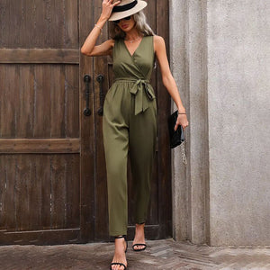 2025 summer new elegant sleeveless cross - neck waist strap jumpsuit casual pants for women - Negative Apparel