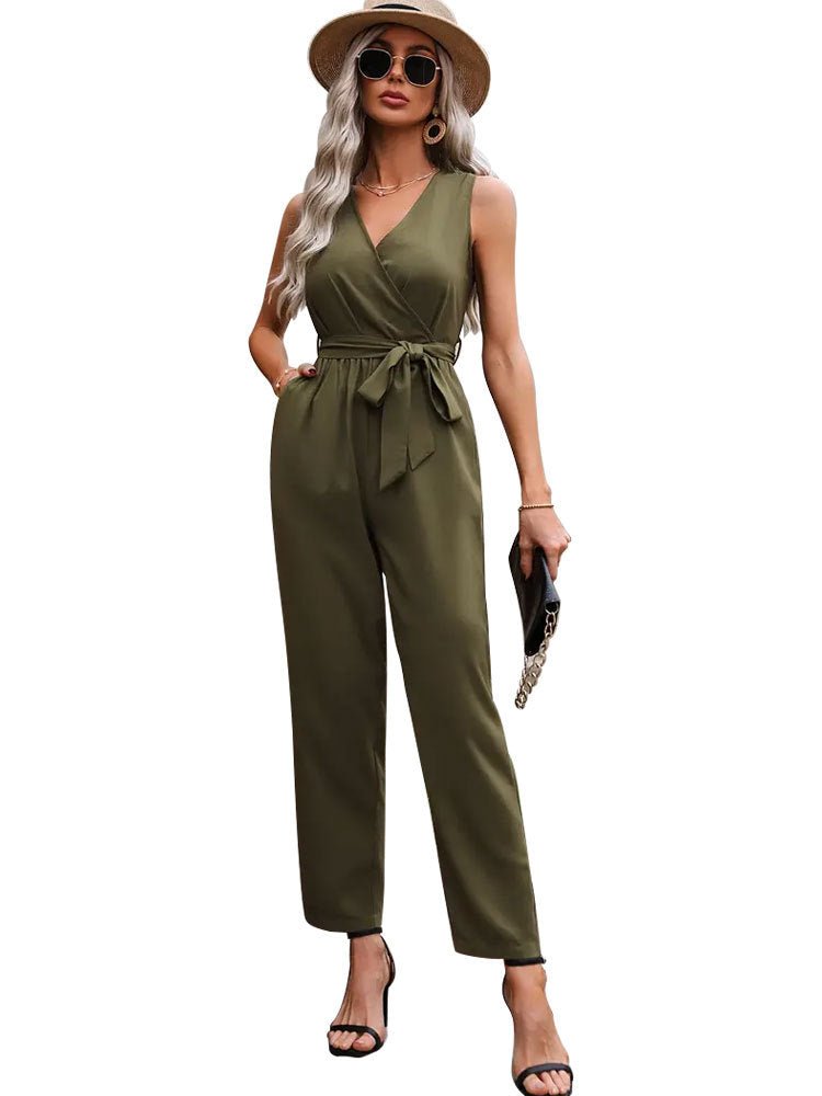 2025 summer new elegant sleeveless cross - neck waist strap jumpsuit casual pants for women - Negative Apparel