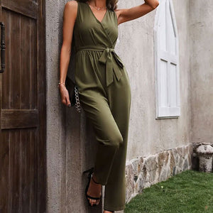 2025 summer new elegant sleeveless cross - neck waist strap jumpsuit casual pants for women - Negative Apparel