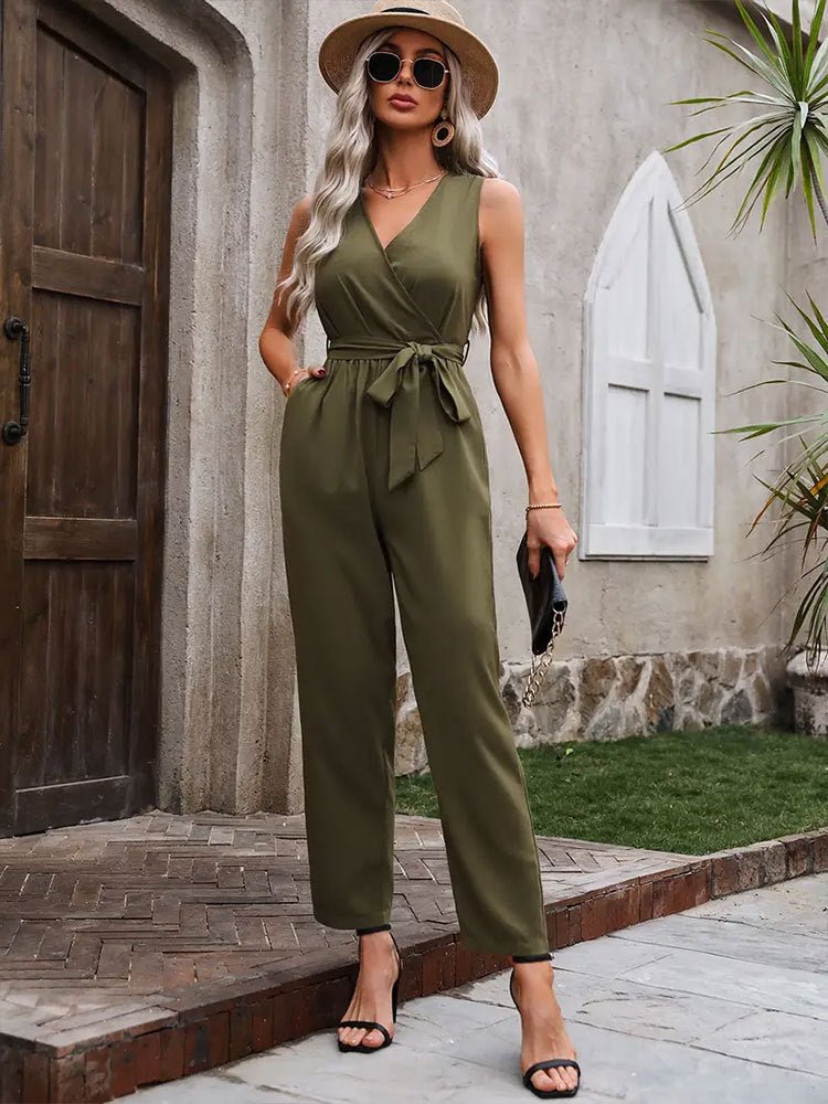 2025 summer new elegant sleeveless cross - neck waist strap jumpsuit casual pants for women - Negative Apparel