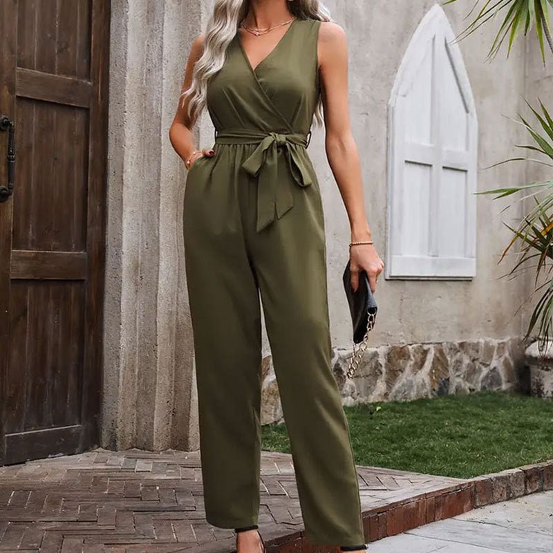 2025 summer new elegant sleeveless cross - neck waist strap jumpsuit casual pants for women - Negative Apparel