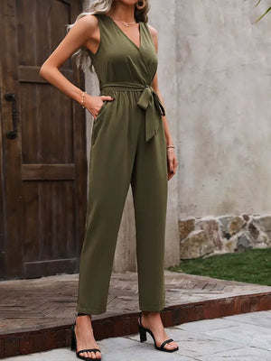 2025 summer new elegant sleeveless cross - neck waist strap jumpsuit casual pants for women - Negative Apparel