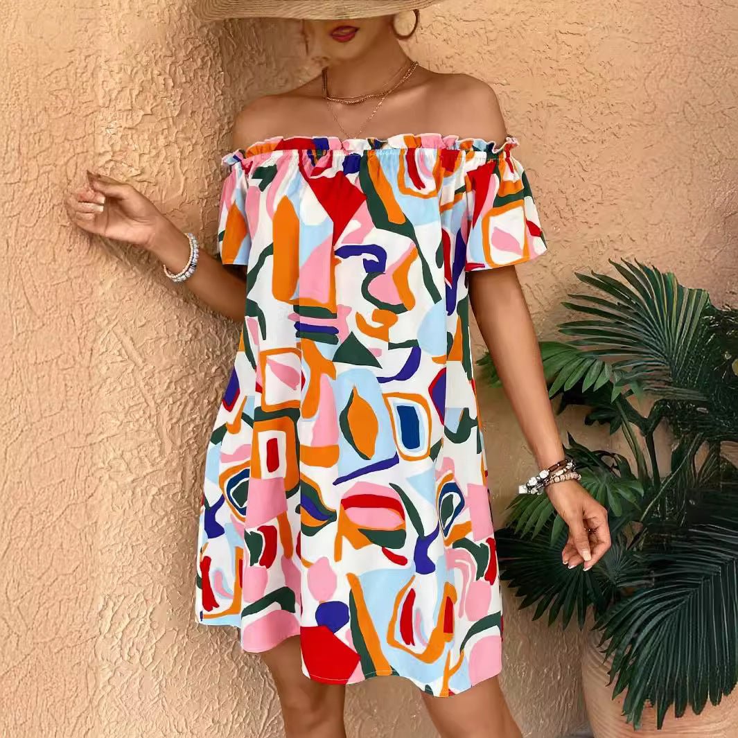 2025 summer new elegant women's tropical print off - the - shoulder dress - Negative Apparel