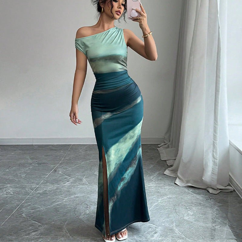 2025 summer new European and American contrasting color slim dress slanted shoulder dress - Negative Apparel