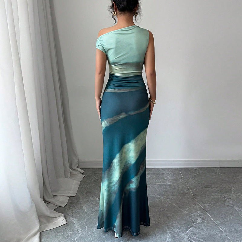 2025 summer new European and American contrasting color slim dress slanted shoulder dress - Negative Apparel