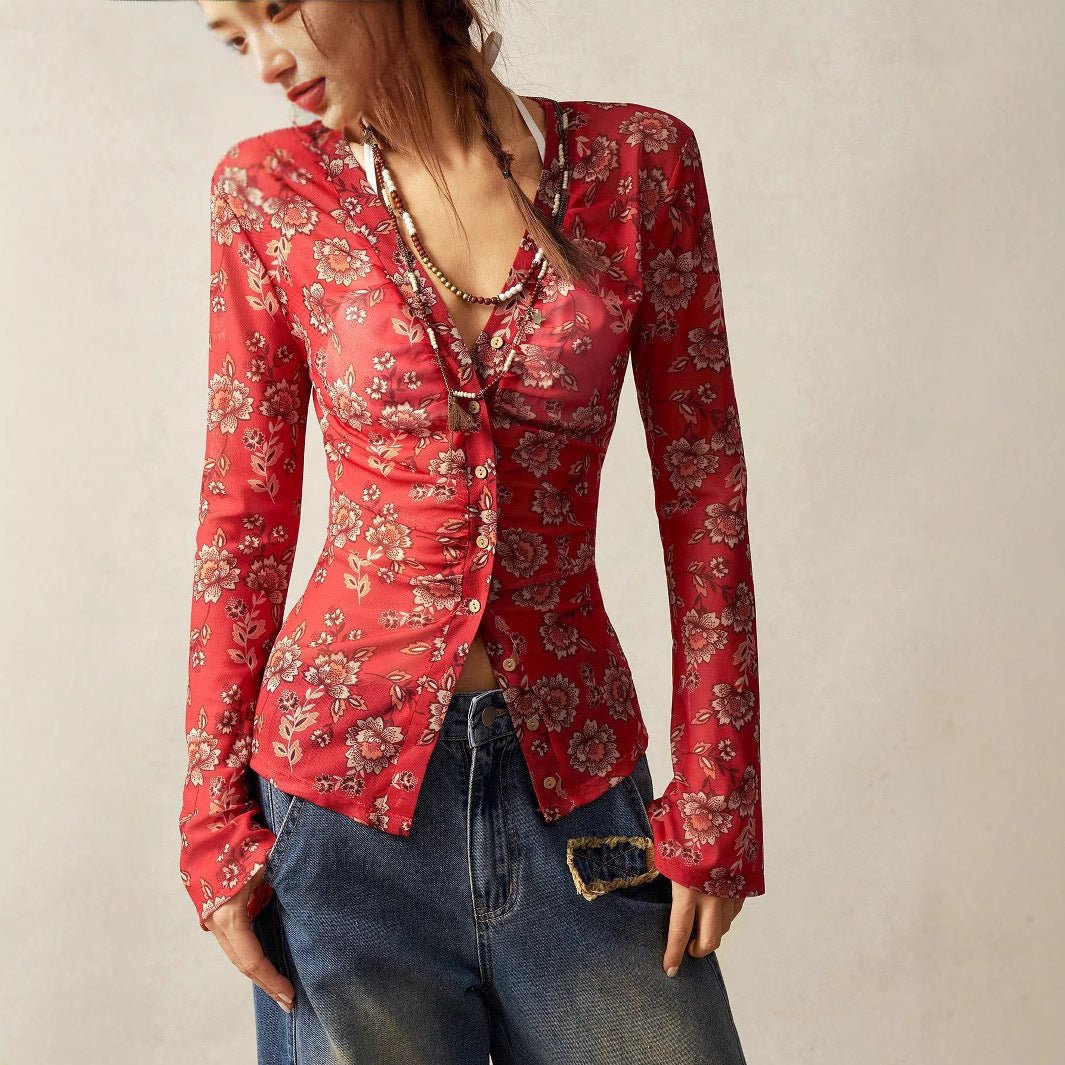 2025 summer new printed shirts for women slim fit retro temperament commuting vacation tops - Negative Apparel