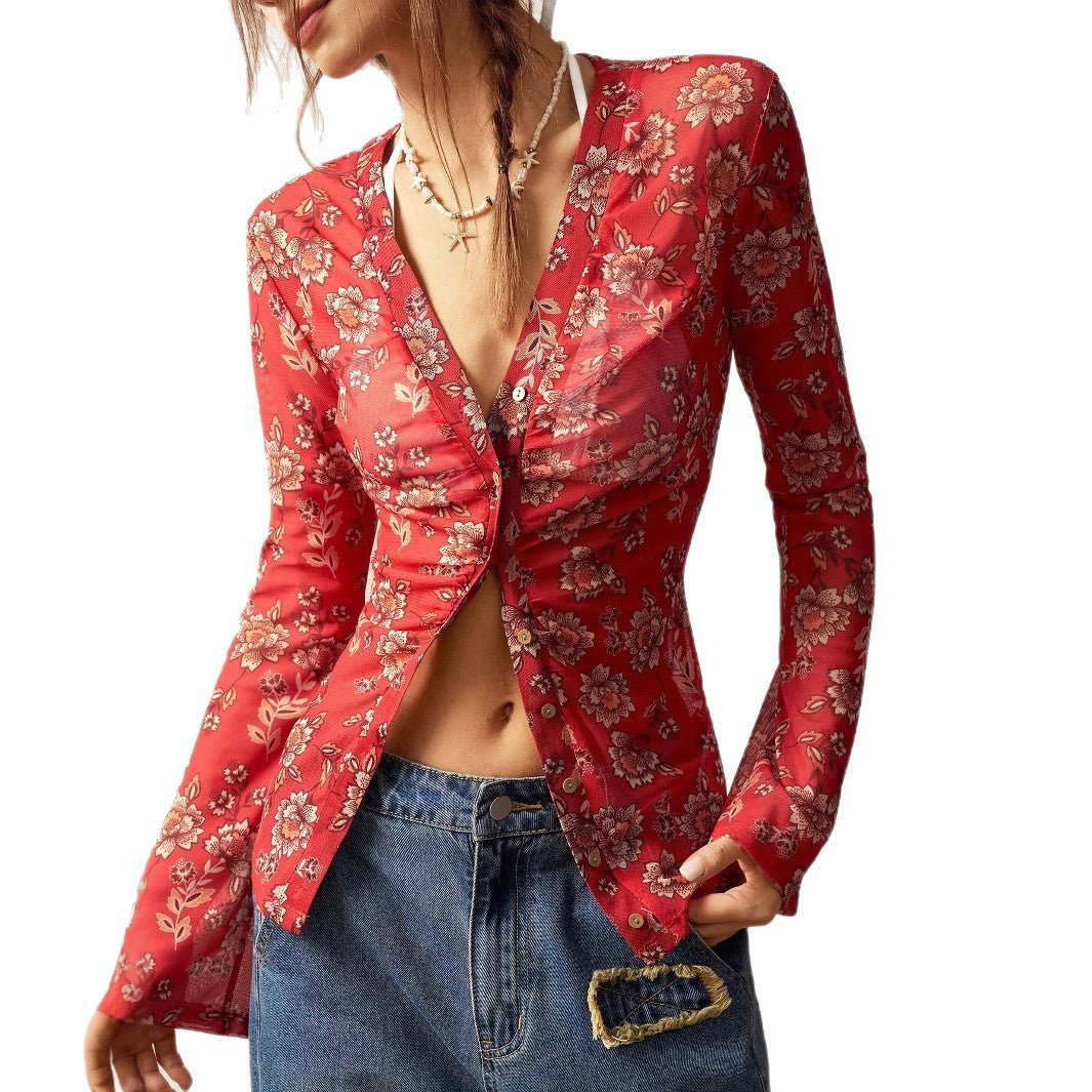 2025 summer new printed shirts for women slim fit retro temperament commuting vacation tops - Negative Apparel