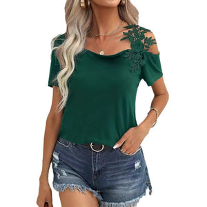 2025 summer new solid color stitching fashion lace T-shirt women's tops - Negative Apparel
