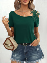 2025 summer new solid color stitching fashion lace T-shirt women's tops - Negative Apparel