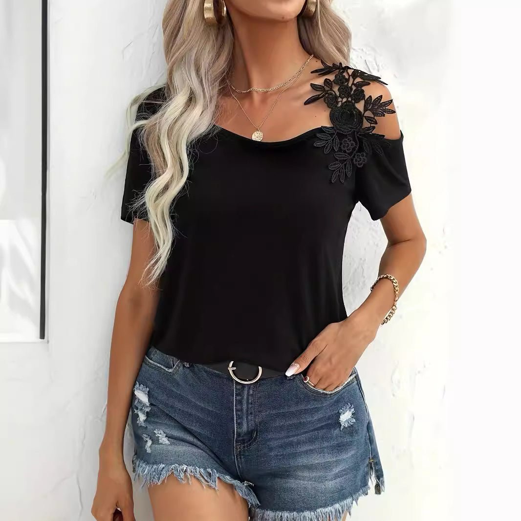 2025 summer new solid color stitching fashion lace T-shirt women's tops - Negative Apparel
