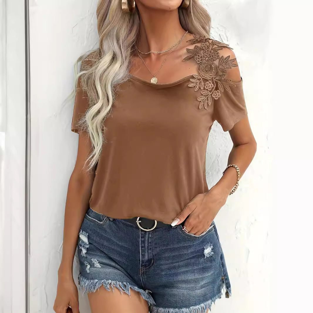 2025 summer new solid color stitching fashion lace T-shirt women's tops - Negative Apparel