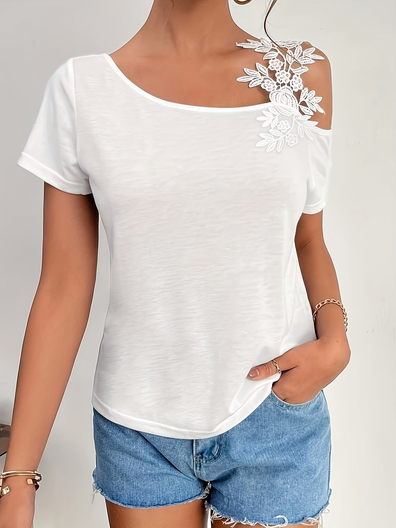 2025 summer new solid color stitching fashion lace T-shirt women's tops - Negative Apparel