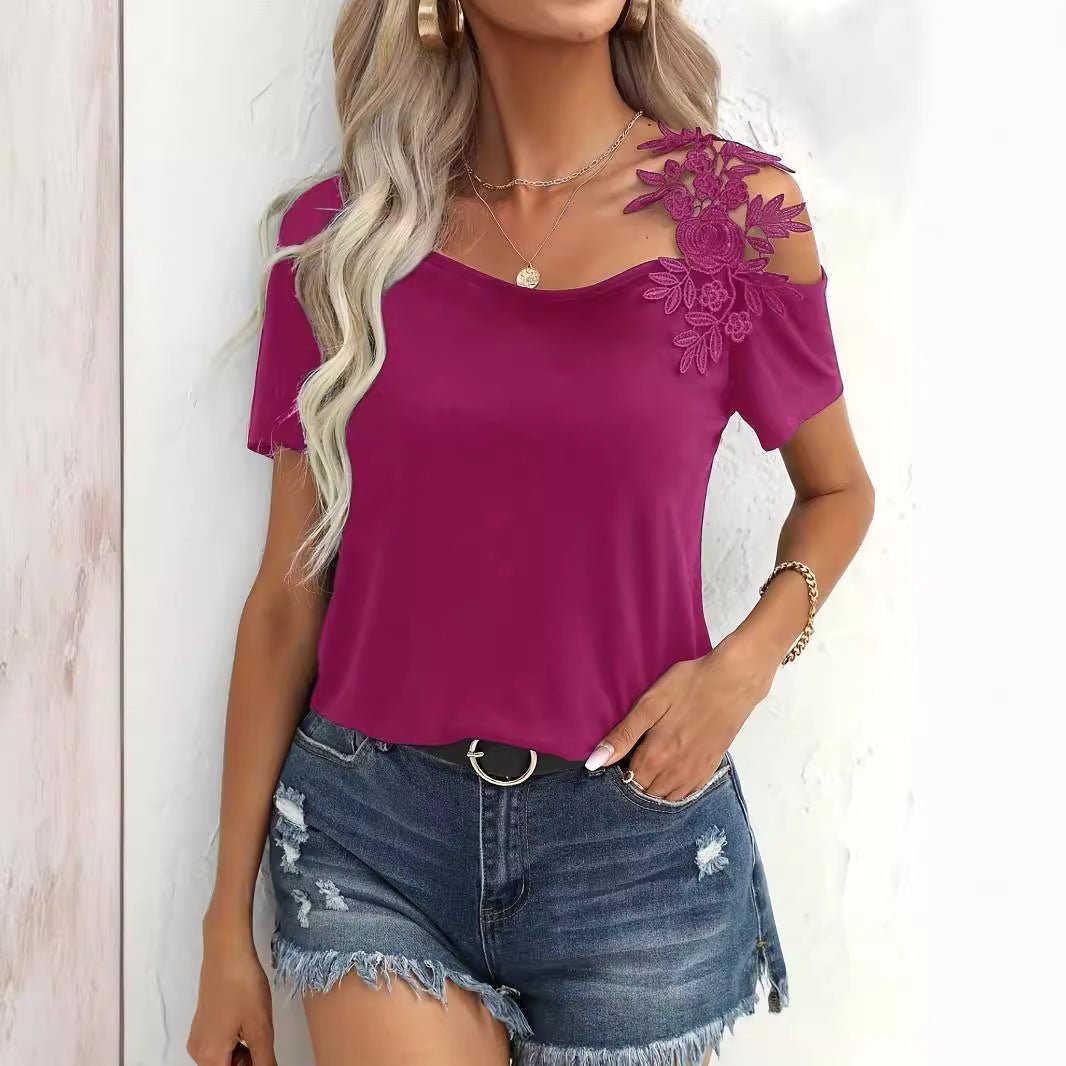 2025 summer new solid color stitching fashion lace T-shirt women's tops - Negative Apparel