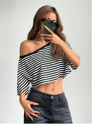 2025 summer new striped women's asymmetrical top - Negative Apparel