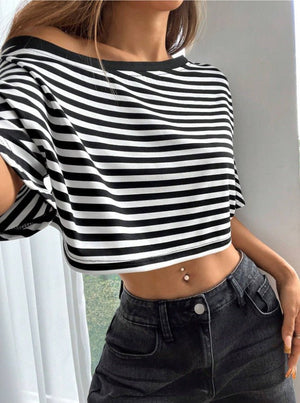 2025 summer new striped women's asymmetrical top - Negative Apparel