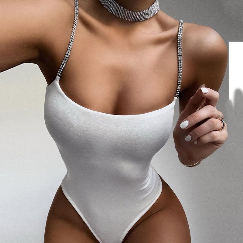 2025 Summer New Women's Diamond Chain Slim Fit Top Sexy Low - cut Suspender Bodysuit - Negative Apparel