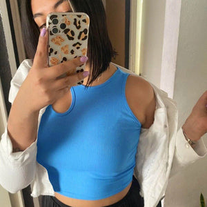 2025 Summer New Women's Ribbed Navel - Exposed Slim Fit Top Hollow Design Sleeveless Round Neck Vest - Negative Apparel