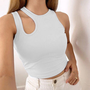 2025 Summer New Women's Ribbed Navel - Exposed Slim Fit Top Hollow Design Sleeveless Round Neck Vest - Negative Apparel