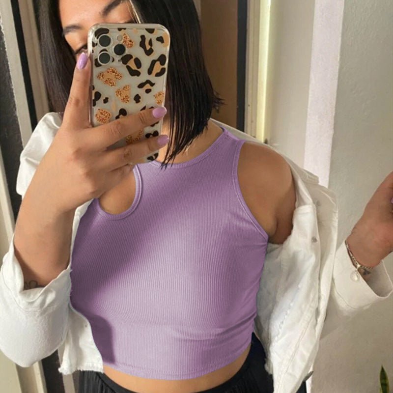 2025 Summer New Women's Ribbed Navel - Exposed Slim Fit Top Hollow Design Sleeveless Round Neck Vest - Negative Apparel