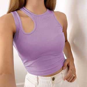 2025 Summer New Women's Ribbed Navel - Exposed Slim Fit Top Hollow Design Sleeveless Round Neck Vest - Negative Apparel