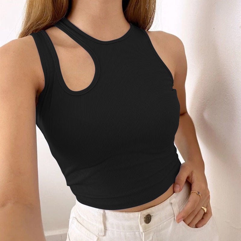 2025 Summer New Women's Ribbed Navel - Exposed Slim Fit Top Hollow Design Sleeveless Round Neck Vest - Negative Apparel