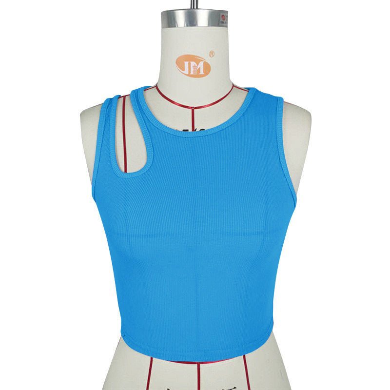 2025 Summer New Women's Ribbed Navel - Exposed Slim Fit Top Hollow Design Sleeveless Round Neck Vest - Negative Apparel