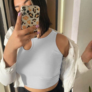 2025 Summer New Women's Ribbed Navel - Exposed Slim Fit Top Hollow Design Sleeveless Round Neck Vest - Negative Apparel