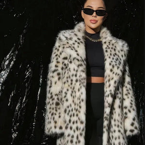 2025 winter new leopard print women's jacket medium and long suit collar imitation fox fur coat - Negative Apparel