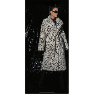 2025 winter new leopard print women's jacket medium and long suit collar imitation fox fur coat - Negative Apparel