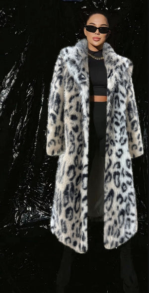2025 winter new leopard print women's jacket medium and long suit collar imitation fox fur coat - Negative Apparel