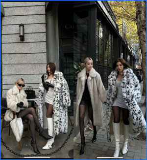2025 winter new leopard print women's jacket medium and long suit collar imitation fox fur coat - Negative Apparel