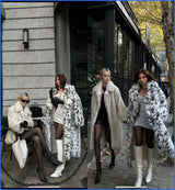 2025 winter new leopard print women's jacket medium and long suit collar imitation fox fur coat - Negative Apparel