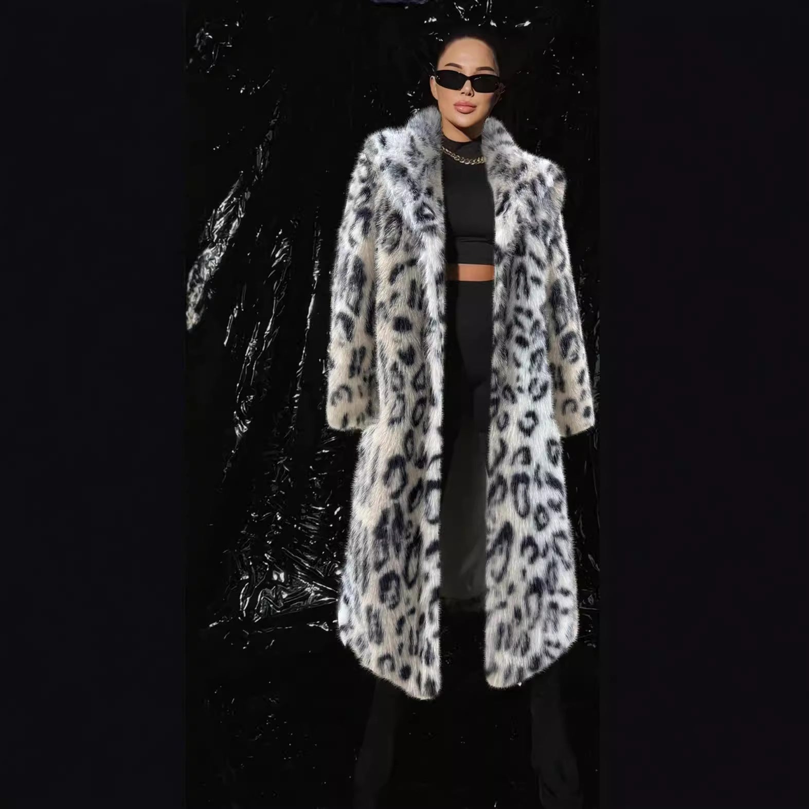 2025 winter new leopard print women's jacket medium and long suit collar imitation fox fur coat - Negative Apparel