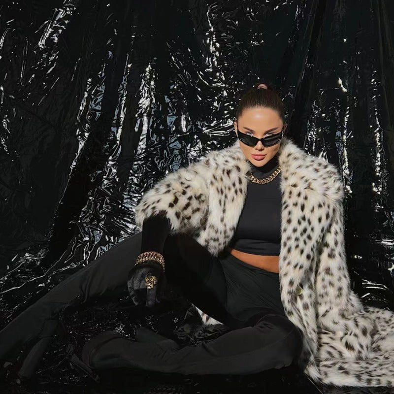 2025 winter new leopard print women's jacket medium and long suit collar imitation fox fur coat - Negative Apparel