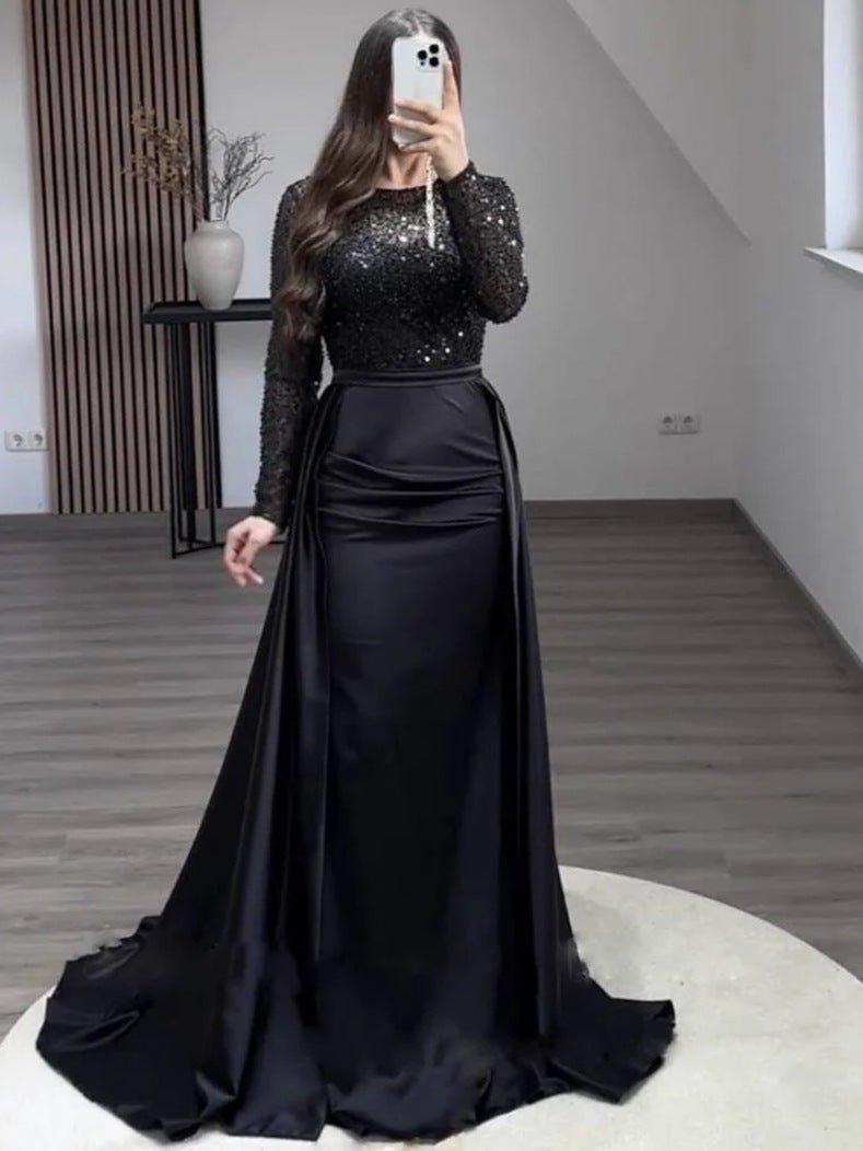 2026 European and American Cross - Border Women's Banquet Long - Sleeved Elegant Socialite Annual Meeting Hostess Aura Queen Sequin Evening Dress FD - Negative Apparel