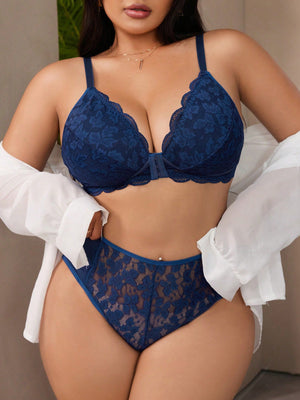 2pcs Plus Size Solid Front - Closure Lace Scalloped Trim Lingerie Set - Negative Apparel