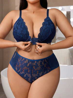 2pcs Plus Size Solid Front - Closure Lace Scalloped Trim Lingerie Set - Negative Apparel