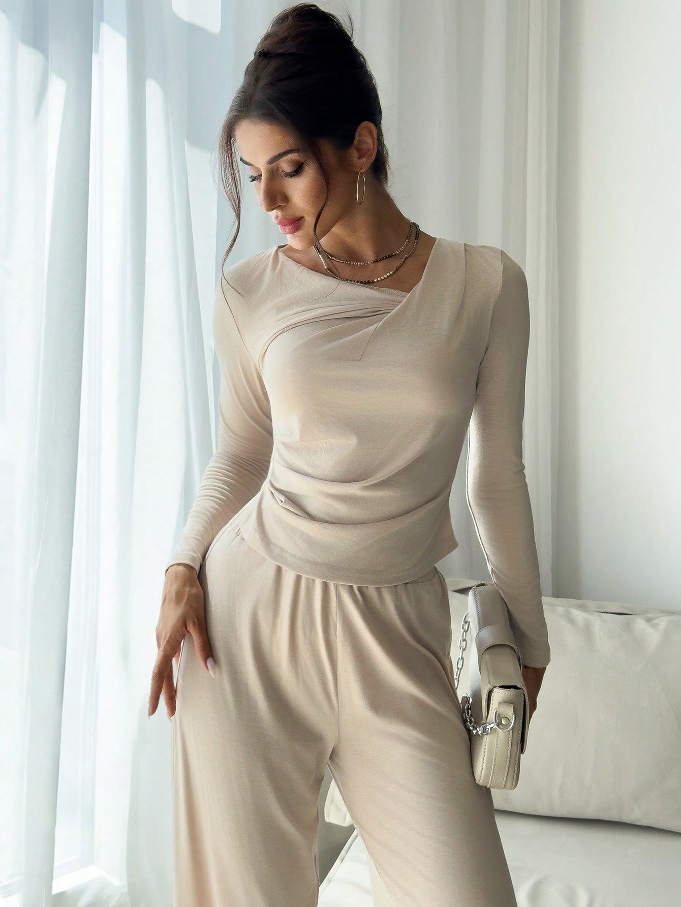 2pcs Women Casual Elegant Commuter Set: Ruched Top + Wide - Leg Pants - Negative Apparel