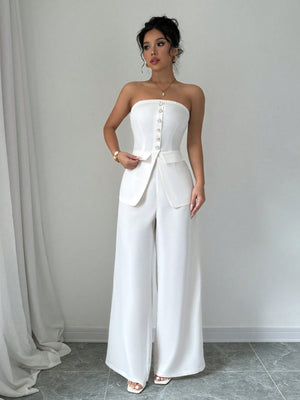 2pcs Women's Button Casual Sleeveless White Blazer Jacket And Pants Summer Suit Set - Negative Apparel