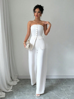 2pcs Women's Button Casual Sleeveless White Blazer Jacket And Pants Summer Suit Set - Negative Apparel