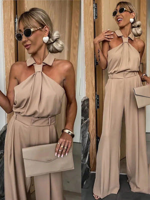 2pcs Women's Elegant Fashion Commuting Ruffle Collar Tank Top And High Waist Wide Leg Pants Set Office Wear - Negative Apparel