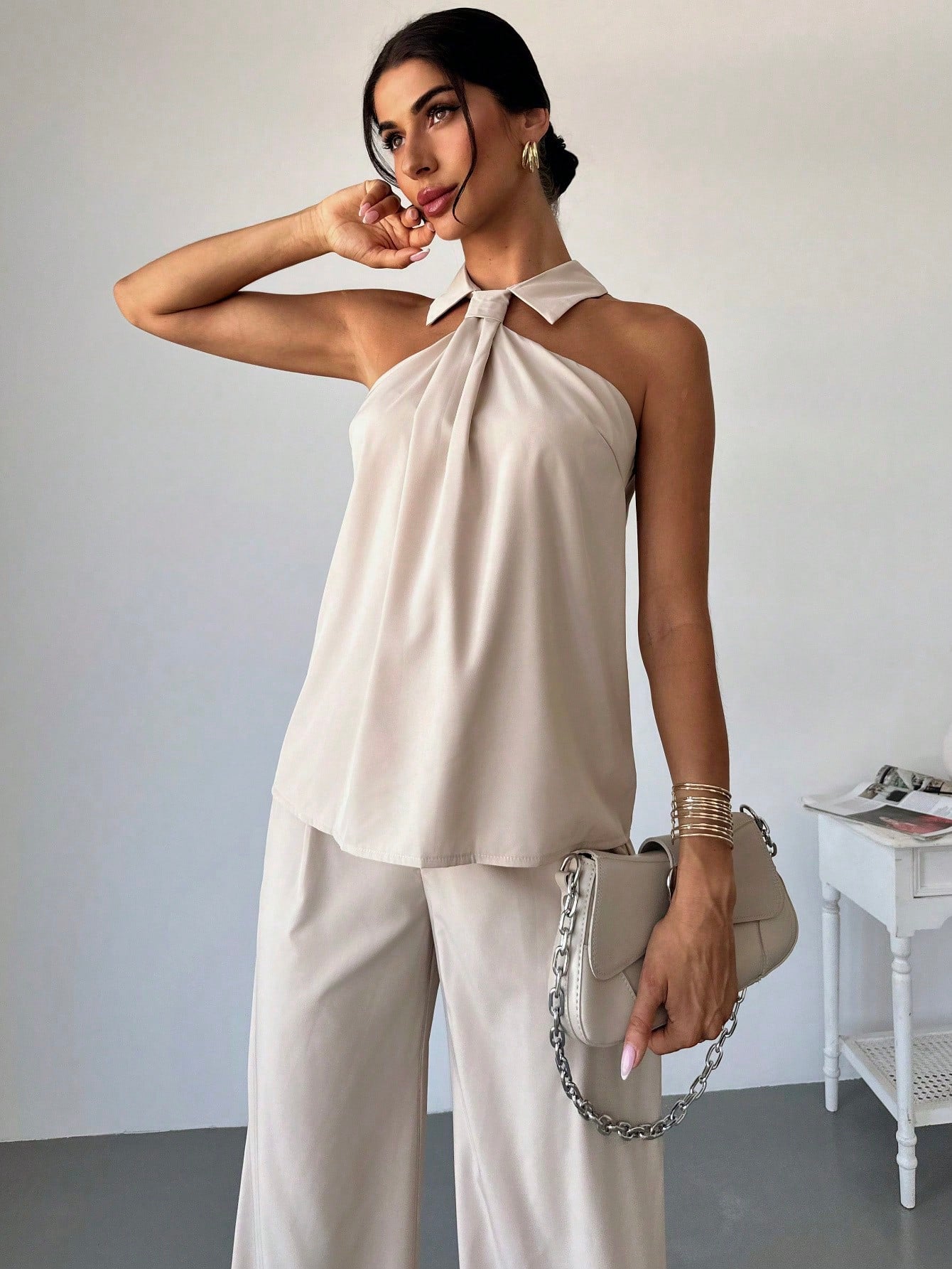 2pcs Women's Elegant Fashion Commuting Ruffle Collar Tank Top And High Waist Wide Leg Pants Set Office Wear - Negative Apparel