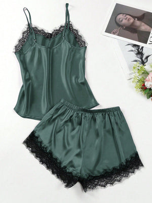 2pcs/Set Imitation Silk & Lace Splice Cami Top And Shorts, Home Wear - Negative Apparel