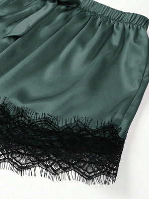 2pcs/Set Imitation Silk & Lace Splice Cami Top And Shorts, Home Wear - Negative Apparel