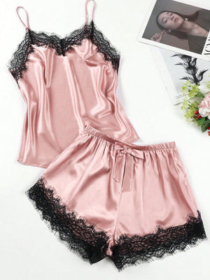 2pcs/Set Satin & Lace Patchwork Camisole And Pajama Set - Negative Apparel