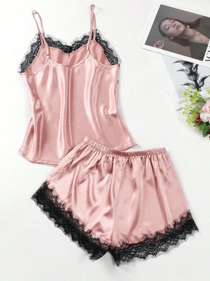 2pcs/Set Satin & Lace Patchwork Camisole And Pajama Set - Negative Apparel