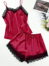2pcs/Set Silk Imitation Lace Splicing Camisole & Shorts Homewear - Negative Apparel
