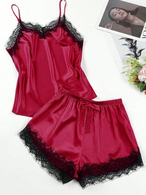 2pcs/Set Silk Imitation Lace Splicing Camisole & Shorts Homewear - Negative Apparel