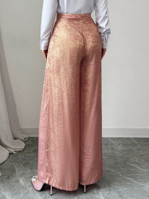 3D Pleated Romantic Pink Metallic Sheen Wide - Leg Women's Pants - Negative Apparel